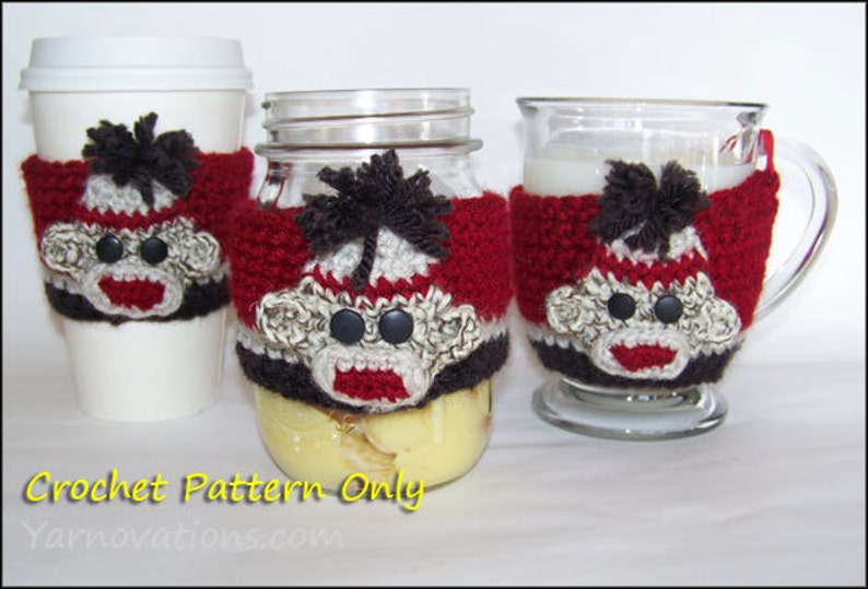 Sock Monkey Toys and Gifts: 2 Cup Cozy Designs, Christmas Ornament, Stuffed Animal Crochet Pattern Cozy for Mason Jar Mug Tapered Glass image 5