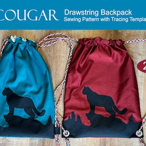 Modèle de couture de sac à dos avec cordon de serrage Cougar - 2 tailles avec modèles de traçage - cartable pour enfants et adultes - Big Cat Puma Lion Jaguar Leopard