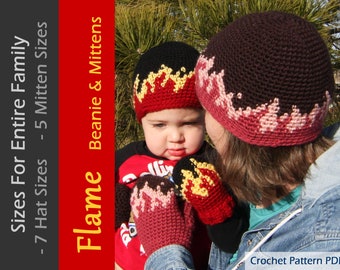 Flame Beanies and Mittens - CROCHET PATTERN - Fire Hat for the whole family