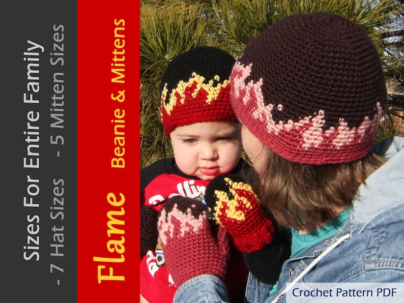 Flame Beanies and Mittens CROCHET PATTERN Fire Hat for the whole family image 1