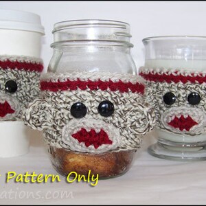 Sock Monkey Toys and Gifts: 2 Cup Cozy Designs, Christmas Ornament, Stuffed Animal Crochet Pattern Cozy for Mason Jar Mug Tapered Glass image 4