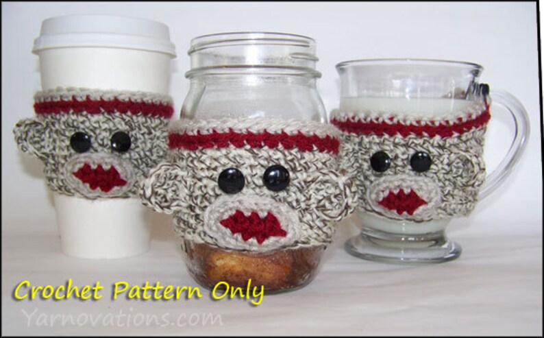 Sock Monkey Toys and Gifts: 2 Cup Cozy Designs, Christmas Ornament, Stuffed Animal Crochet Pattern Cozy for Mason Jar Mug Tapered Glass image 4