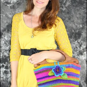 Bohemian Handbag crochet pattern bag with wooden handles and flower button Plus Bonus Purse Pattern image 2