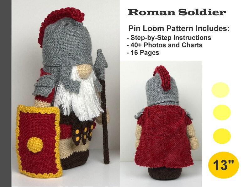 Roman Soldier Gnome Pin Loom Pattern PDF with Step by Step Instructions image 2