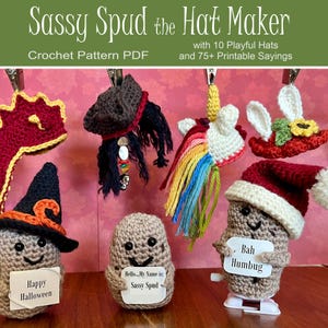 Puede incluir: Patrón de crochet para hacer un personaje Sassy Spud con 10 sombreros diferentes y más de 75 refranes imprimibles. La imagen muestra cinco personajes Sassy Spud diferentes con varios sombreros, incluyendo un sombrero de pirata, un sombrero de unicornio, un sombrero de conejo, un sombrero de bruja y un sombrero de Papá Noel. Cada personaje sostiene un cartel con un dicho diferente.