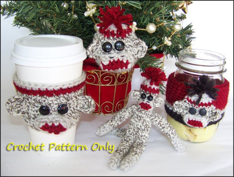 Sock Monkey Toys and Gifts: 2 Cup Cozy Designs, Christmas Ornament, Stuffed Animal Crochet Pattern Cozy for Mason Jar Mug Tapered Glass image 6