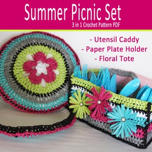 Summer Picnic Set Utensil Caddy, Paper Plate Holder and Tote Bag with Daisy and Rose Flowers CROCHET PATTERN PDF image 1