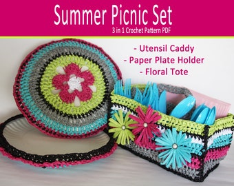 Summer Picnic Set- Utensil Caddy, Paper Plate Holder and Tote Bag with Daisy and Rose Flowers - CROCHET PATTERN PDF