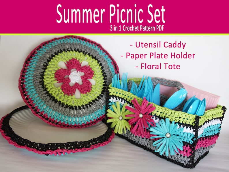 Summer Picnic Set Utensil Caddy, Paper Plate Holder and Tote Bag with Daisy and Rose Flowers CROCHET PATTERN PDF image 1