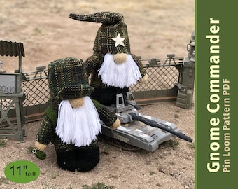 Gnome Commander Pin Loom Weaving Pattern PDF Stuffed Toy Soldier with Cap and Backpack. Step-by-Step instructions for 11" tall military man