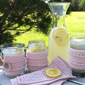 Dishcloth and Cup Cozies CROCHET PATTERN PDF Star Stitch Tapered Glass, Mug, Mason Jar cup cozy and Dishcloth Set dish cloth dish rag image 2