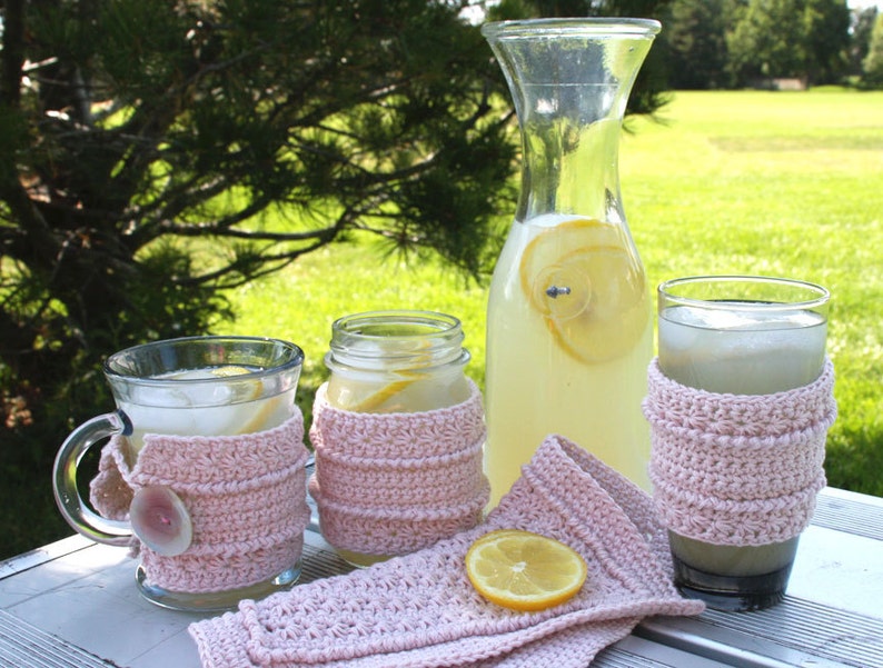 Dishcloth and Cup Cozies CROCHET PATTERN PDF Star Stitch Tapered Glass, Mug, Mason Jar cup cozy and Dishcloth Set dish cloth dish rag image 2