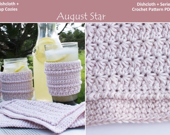 Dishcloth and Cup Cozies - CROCHET PATTERN PDF  Star Stitch - Tapered Glass, Mug, Mason Jar cup cozy and Dishcloth Set dish cloth dish rag