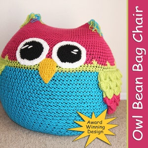 Owl Bean Bag Chair CROCHET PATTERN PDF Pouf Foot Stool Ottoman Cushion Floor Pillow Throw Pillow great for Nursery College Dorm Bedroom image 1