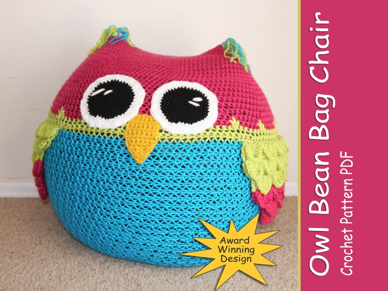 Owl Bean Bag Chair CROCHET PATTERN PDF Pouf Foot Stool Ottoman Cushion Floor Pillow Throw Pillow great for Nursery College Dorm Bedroom image 1