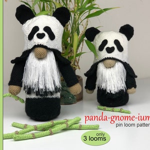 Panda-Gnome-ium Pin Loom Pattern PDF step by step instructions to make a gnome with panda hat and bamboo, lots of photos, only need 3 looms