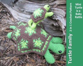 Turtle CROCHET PATTERN - Mommy Turtle and Baby Turtle Rattle Stuffed Animal Baby Shower Gift Toy