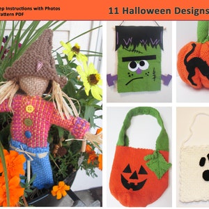May include: Eleven Halloween-themed pin loom patterns, including a scarecrow, Frankenstein, pumpkin, black cat, ghost, and more. Step-by-step instructions with photos are included in the PDF.
