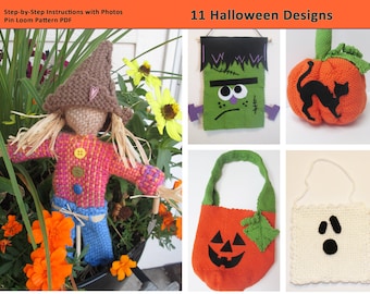May include: Eleven Halloween-themed pin loom patterns, including a scarecrow, Frankenstein, pumpkin, black cat, ghost, and more. Step-by-step instructions with photos are included in the PDF.