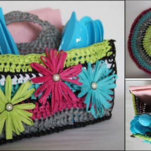 Summer Picnic Set Utensil Caddy, Paper Plate Holder and Tote Bag with Daisy and Rose Flowers CROCHET PATTERN PDF image 4