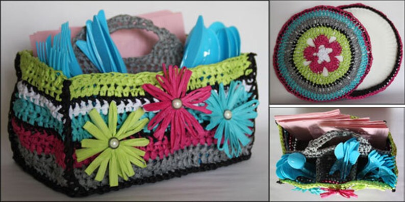 Summer Picnic Set Utensil Caddy, Paper Plate Holder and Tote Bag with Daisy and Rose Flowers CROCHET PATTERN PDF image 4