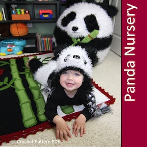 Panda Nursery Set CROCHET PATTERN PDF Bean Bag Chair Chapeaux Pantalons Couvre-couches Peluche Animal Jouet Bambou Couverture de bébé image 1