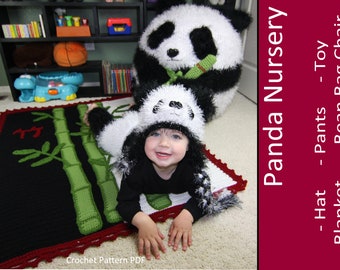 Panda Nursery Set CROCHET PATTERN PDF Bean Bag Chair Hats Pants Diaper Covers Stuffed Animal Toy Bamboo Baby Blanket