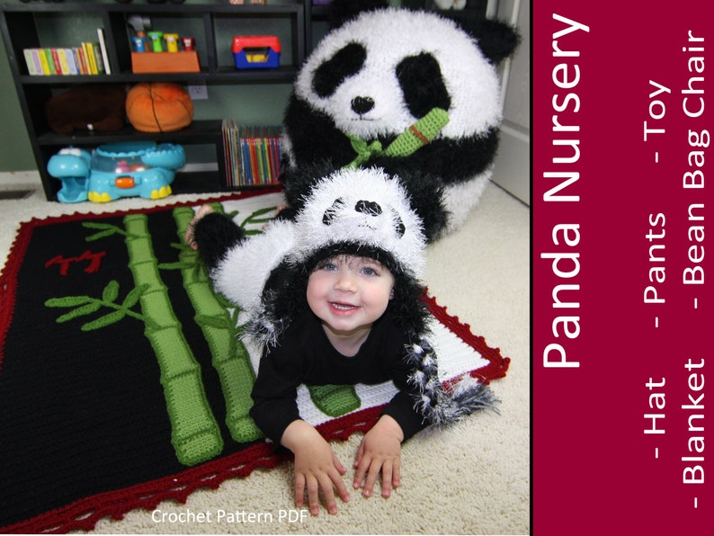 Panda Nursery Set CROCHET PATTERN PDF Bean Bag Chair Chapeaux Pantalons Couvre-couches Peluche Animal Jouet Bambou Couverture de bébé image 1