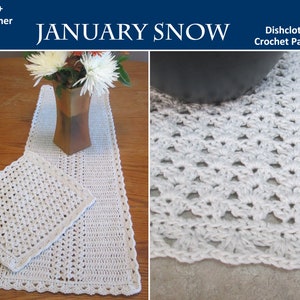 Dishcloth and Table Runner - CROCHET PATTERN PDF - January Snow Dishcloth Plus Series White Dish Cloth Cotton Shell Stitch