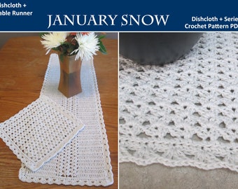 Dishcloth and Table Runner - CROCHET PATTERN PDF - January Snow Dishcloth Plus Series White Dish Cloth Cotton Shell Stitch