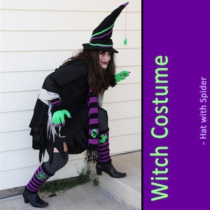 May include: A crochet witch costume pattern with instructions for a hat, gloves, scarf, and leg warmers. The pattern includes spider and skull details in black, green, and purple.