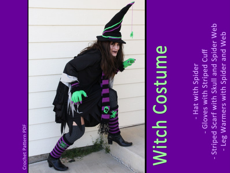 Witch Way, This Way Halloween Costum CROCHET PATTERN Hat, Gloves, Scarf, Leg Warmers-Boot Cuffs Witch Accessories image 1