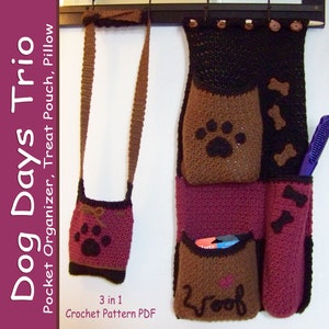 Dog Days Trio CROCHET PATTERN Dog Bone Pillow, Paw Purse Treat Pouch, Pocket Organizer image 1