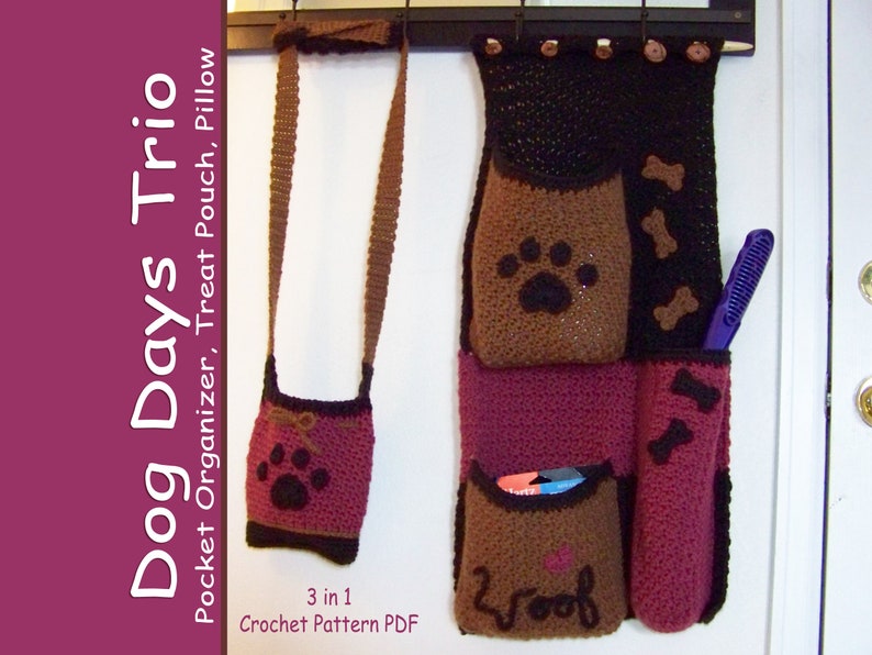 Dog Days Trio CROCHET PATTERN Dog Bone Pillow, Paw Purse Treat Pouch, Pocket Organizer image 1