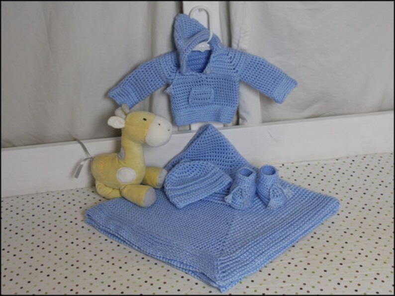 Baby Blue HDC Faux Stockinette Baby Set CROCHET PATTERN Baby Blanket Sweater Hoodie Booties Hat Beanie Faux Knit image 3