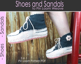 Molde em PDF para confecção de sapatos e sandálias em tear de pinos: modelos de cano alto, sandálias de bico aberto e sandálias de bico fechado.