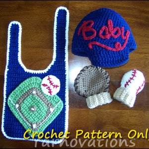 Baseball Crochet Newborn Outfit Baseball Cap Hat, Mitts Mittens, Bib Crochet Pattern image 5