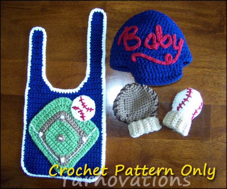 Baseball Crochet Newborn Outfit Baseball Cap Hat, Mitts Mittens, Bib Crochet Pattern image 5