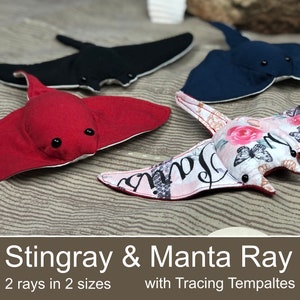Manta Ray and Stingray Sewing Pattern PDF with tracing templates in 2 sizes each plush toy stuffed animal with step by step instructions