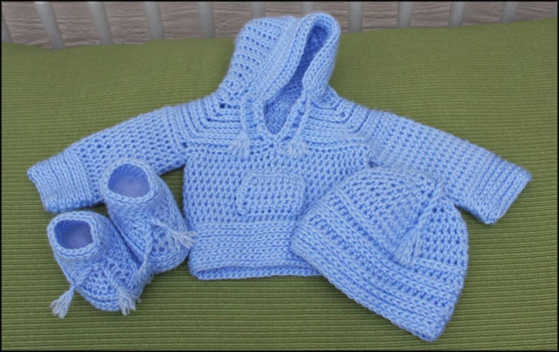 Baby Blue HDC Faux Stockinette Baby Set CROCHET PATTERN Baby Blanket Sweater Hoodie Booties Hat Beanie Faux Knit image 2