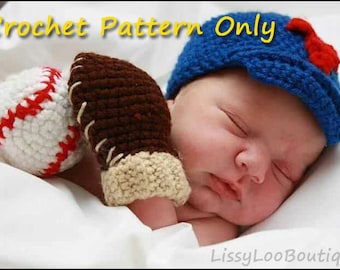 May include: Crochet pattern for a baseball themed baby hat, glove, and ball. The hat is blue with a red brim and the glove is brown with white stitching. The ball is white with red stitching.
