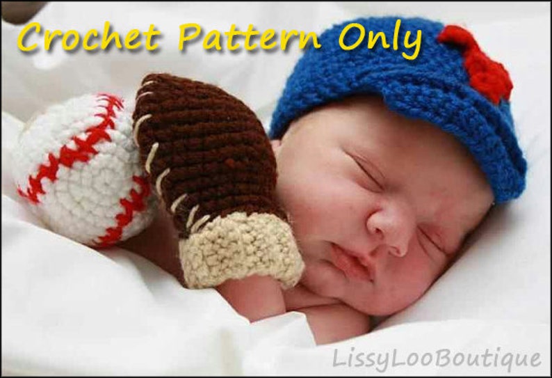 Baseball Crochet Newborn Outfit Baseball Cap Hat, Mitts Mittens, Bib Crochet Pattern image 2