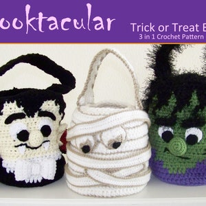 Halloween Trick or Treat Bags Crochet Pattern - Dracula, Mummy and Frankenstein&#39;s Monsters