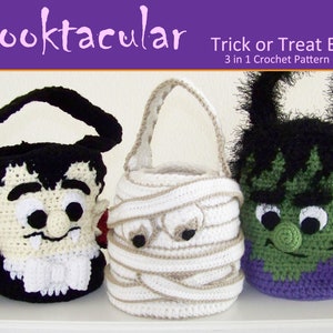 Halloween Trick or Treat Bags Crochet Pattern - Dracula, Mummy and Frankenstein's Monsters