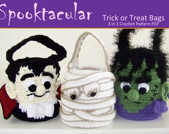 Halloween Trick or Treat Bags Crochet Pattern - Dracula, Mummy and Frankenstein's Monsters