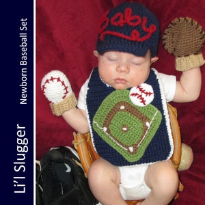 Baseball Crochet Newborn Outfit Baseball Cap Hat, Mitts Mittens, Bib Crochet Pattern image 1