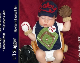 Baseball Crochet Newborn Outfit - Baseball Cap (Hat), Mitts (Mittens), Bib - Crochet Pattern