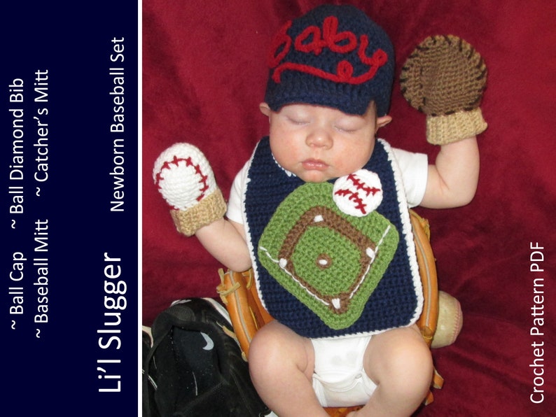 Baseball Crochet Newborn Outfit Baseball Cap Hat, Mitts Mittens, Bib Crochet Pattern image 1