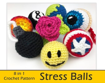 Stress Balls 8 in 1 Crochet Pattern PDF - Smiley Face Rose Earth Eyeball 8 Ball Bomb and more