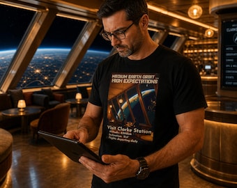 Orbital Hotel T-Shirt | Medium Earth Orbit High Expectations Clarke Station Tee | Comfort Colors Apparel